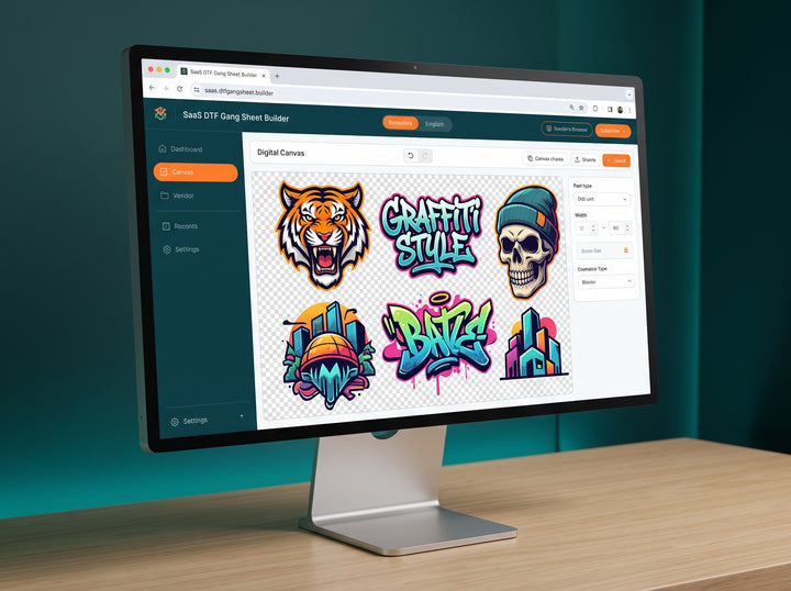A desktop computer monitor DTF GANG SHEET BUILDER on a wooden desk displaying a digital graffiti art template interface, set against a dark teal wall.