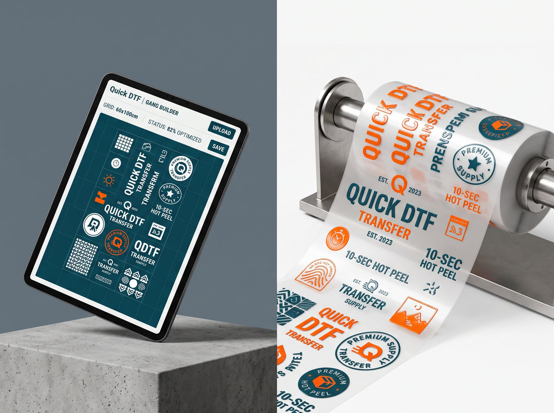 A digital mockup showing a tablet with a Quick DTF transfer screen interface next to a roll of white transfer paper on a metal spool, with several sample circular and square transfer stickers unspooling. The background is split between a dark gray wall and a white studio surface.

